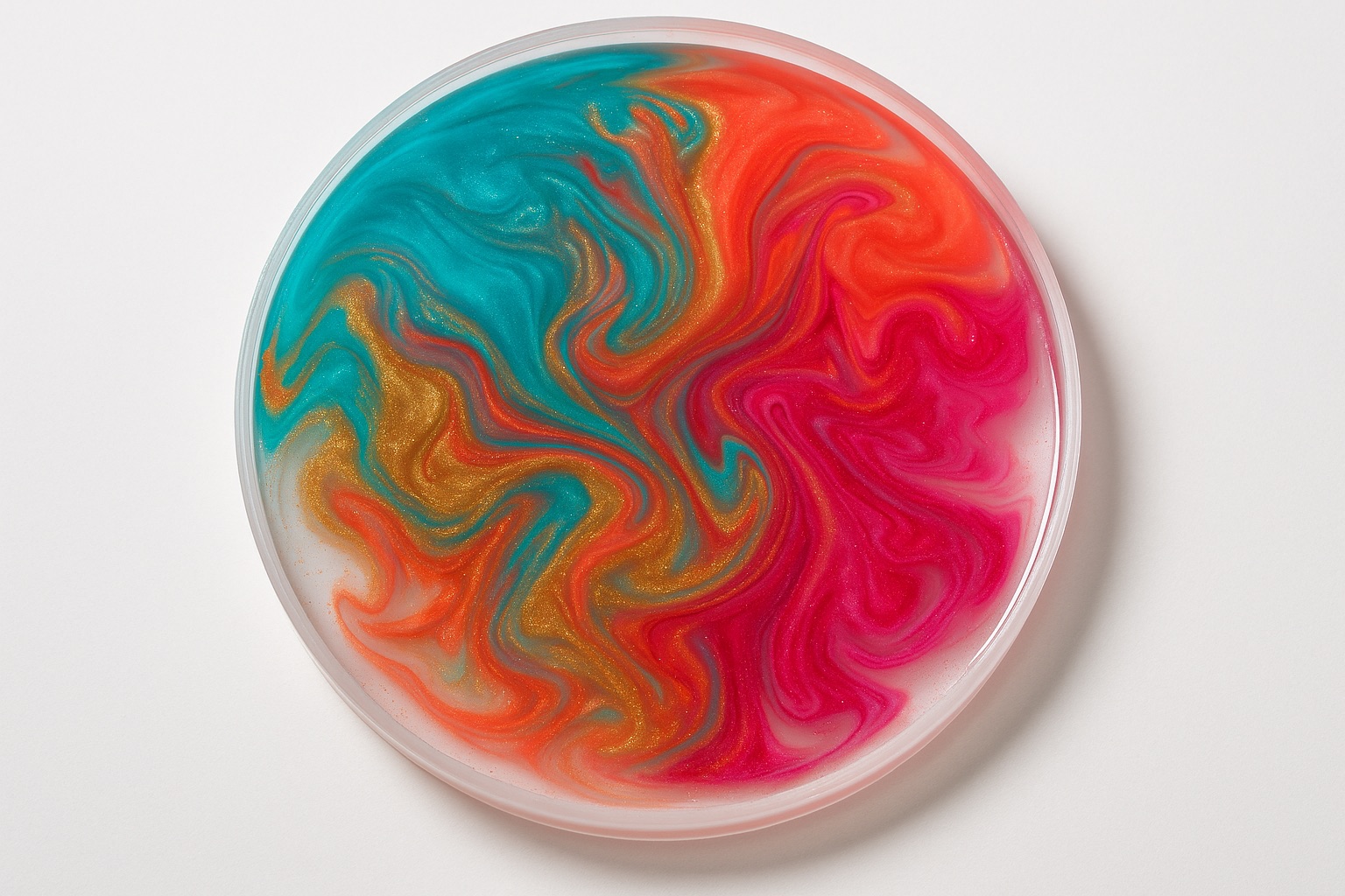 Pieza de resina marmoleada con remolinos de turquesa, coral, rosa y dorado.