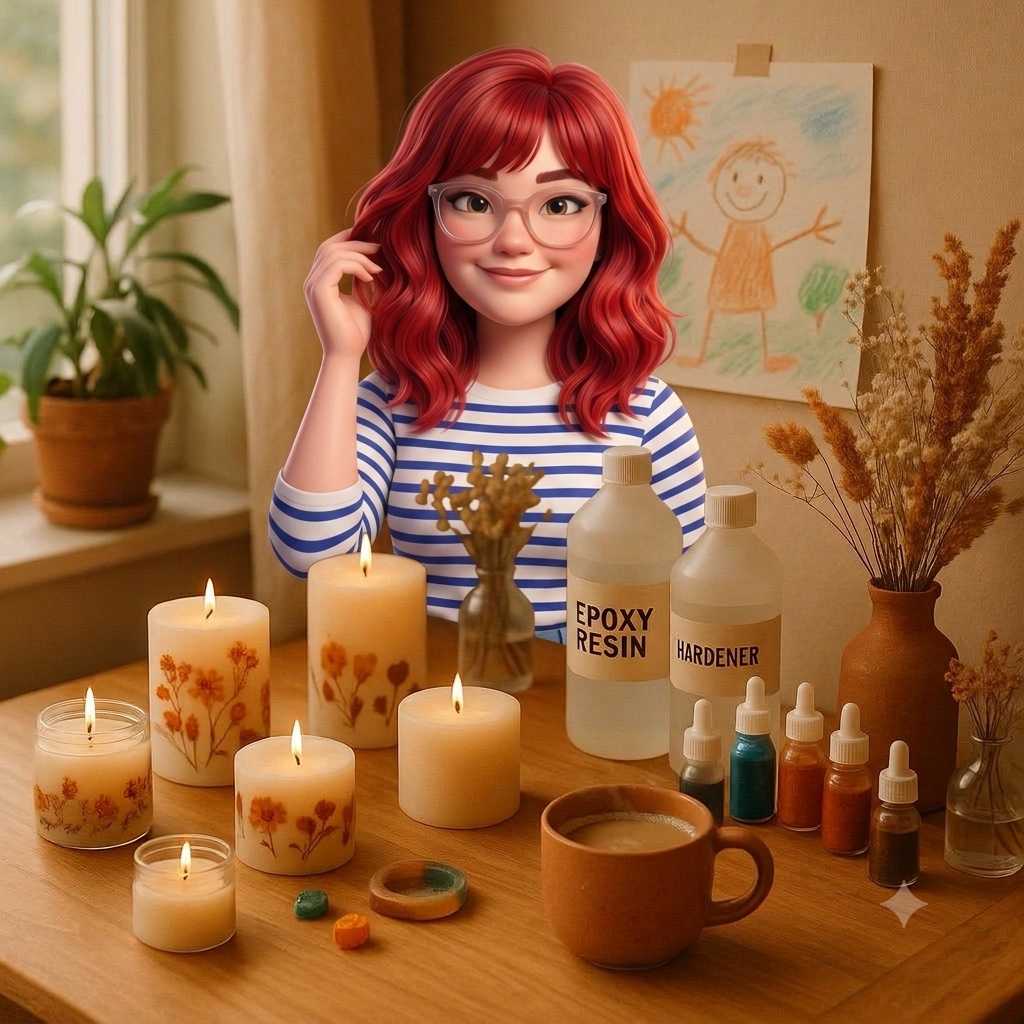 Ilustración de Ana en su rincón de manualidades en casa con materiales de resina y un dibujo infantil bajo luz cálida.