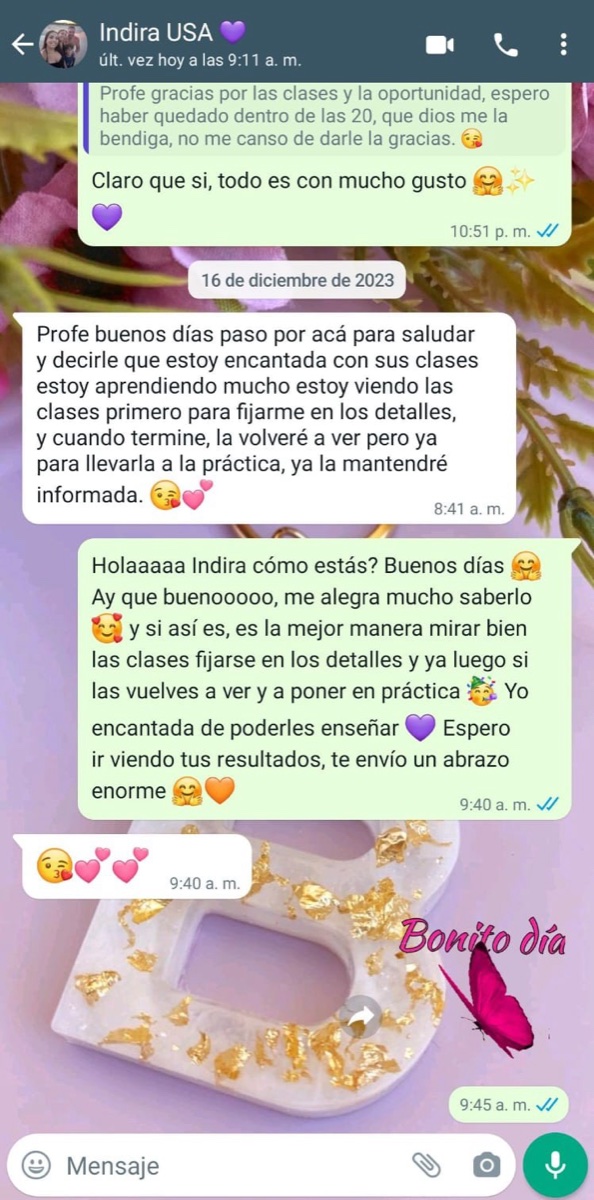 Captura de mensaje de una alumna del curso de resina