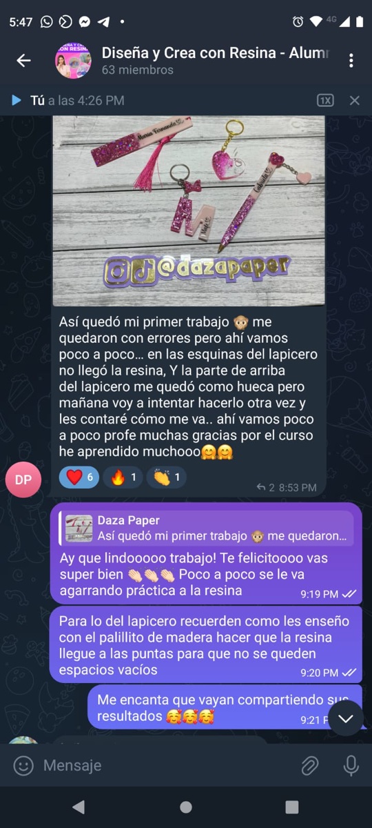Captura de mensaje de una alumna del curso de resina