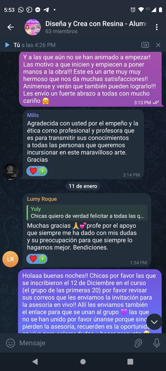 Captura de mensaje de una alumna del curso de resina
