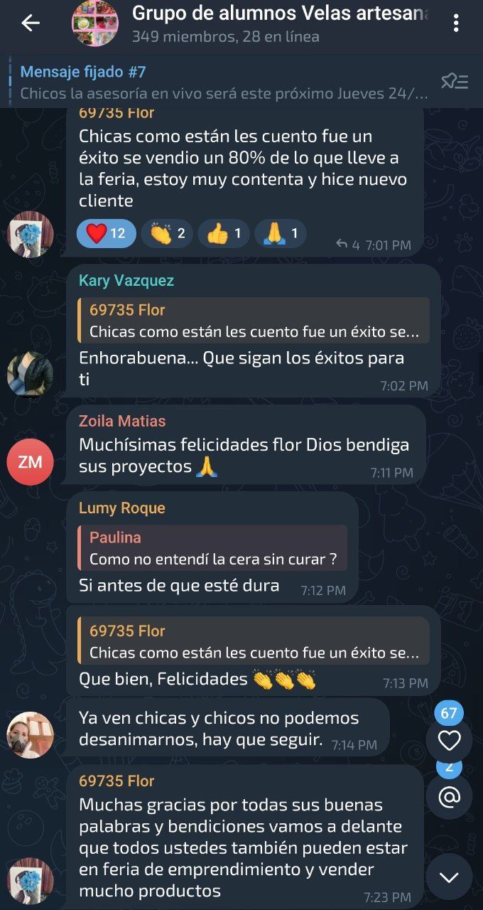 Captura de mensaje de una alumna del curso de velas que ya vende sus productos