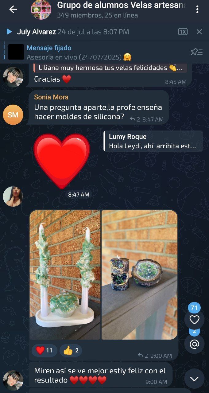 Captura de mensaje de una alumna del curso de velas con sus velas decorativas