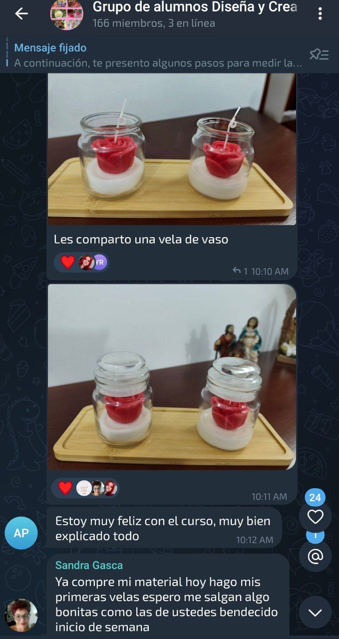 Captura de mensaje de una alumna del curso de velas con velas de vaso