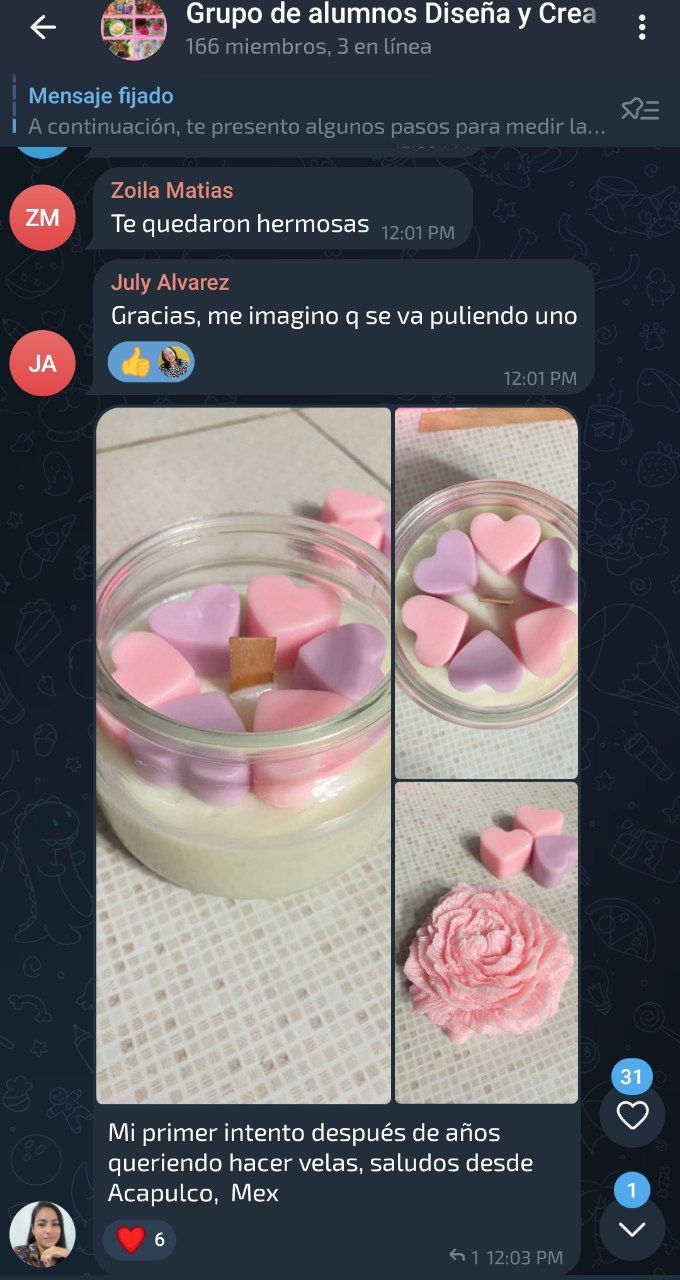 Captura de mensaje de una alumna del curso de velas con sus primeras velas