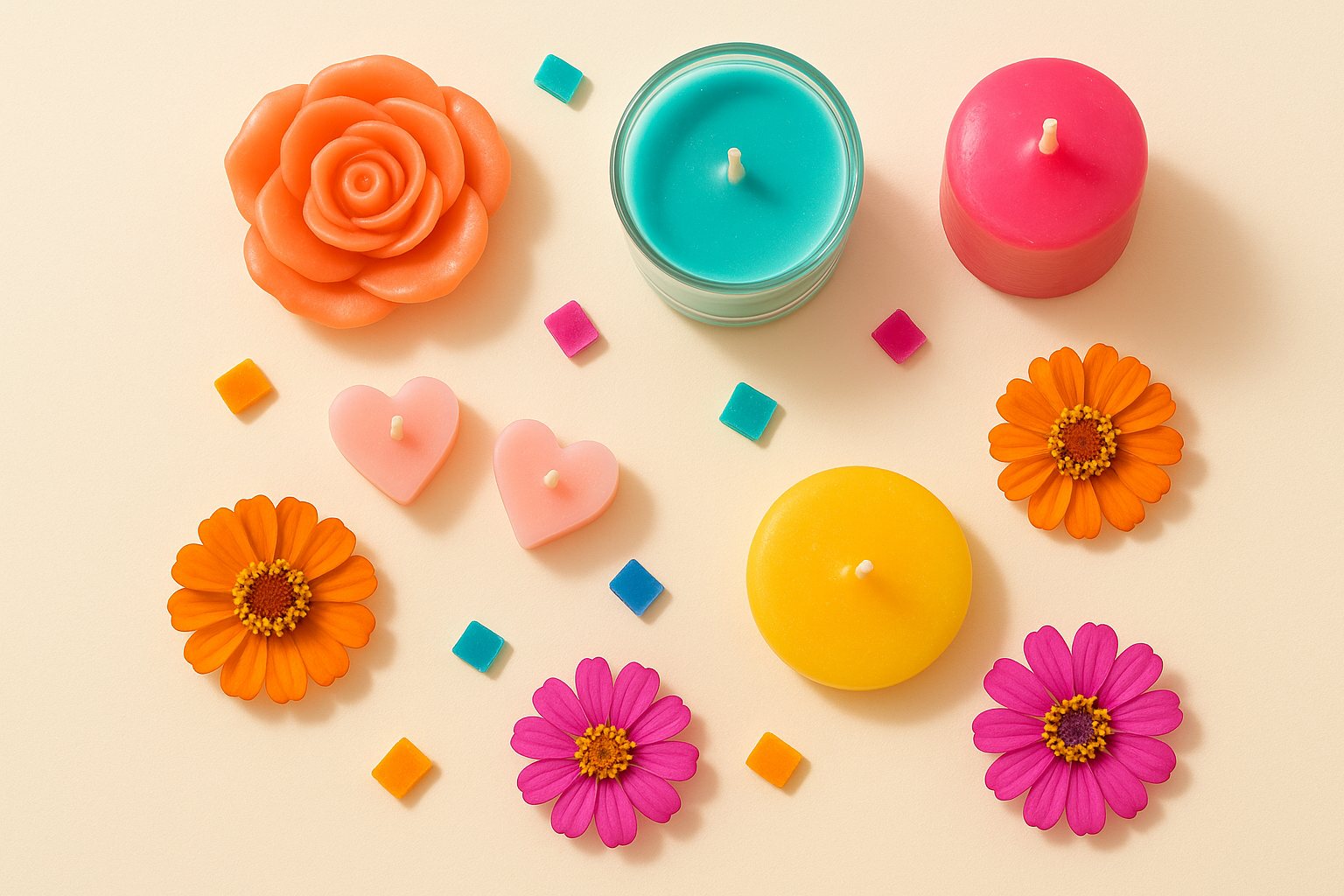 Velas artesanales de colores vivos: rosa coral, vela turquesa en vaso, pilar rosa y velas de corazón, con flores.